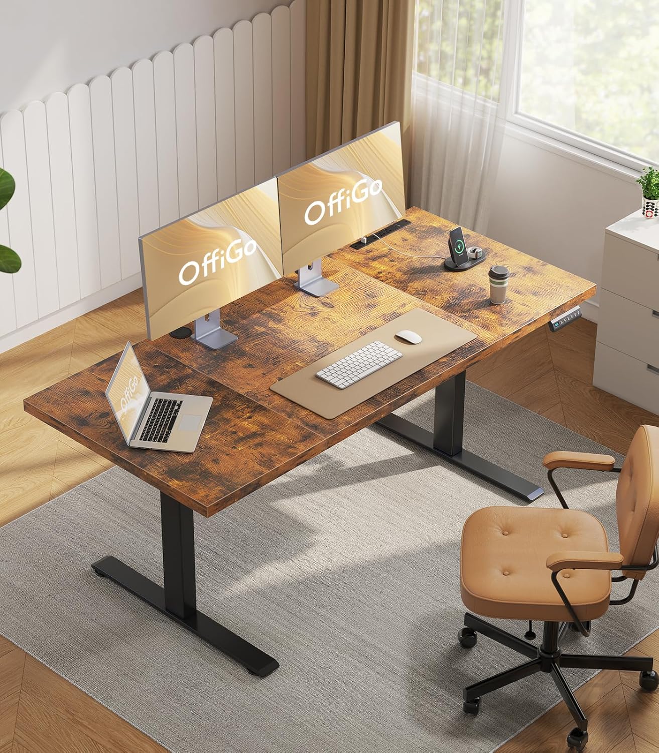 Electric Standing Desk with 3-Piece Board, 71 Inch Height Adjustable Large Desk with Power Outlets, Sit Stand Table, Writing Computer Desk for Home, Office, Workstation, Rustic Brown