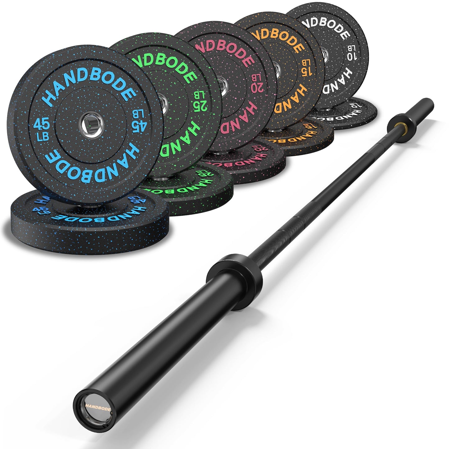 Bumper Plate Olympic Weight Plate Set 2 - Inch, 10-55 lb Barbell Weight Plates for Home Gym, Black Rubber Strength Training Plate for Weight Lifting with 45 lb (20 kg) Black/Silver Barbell