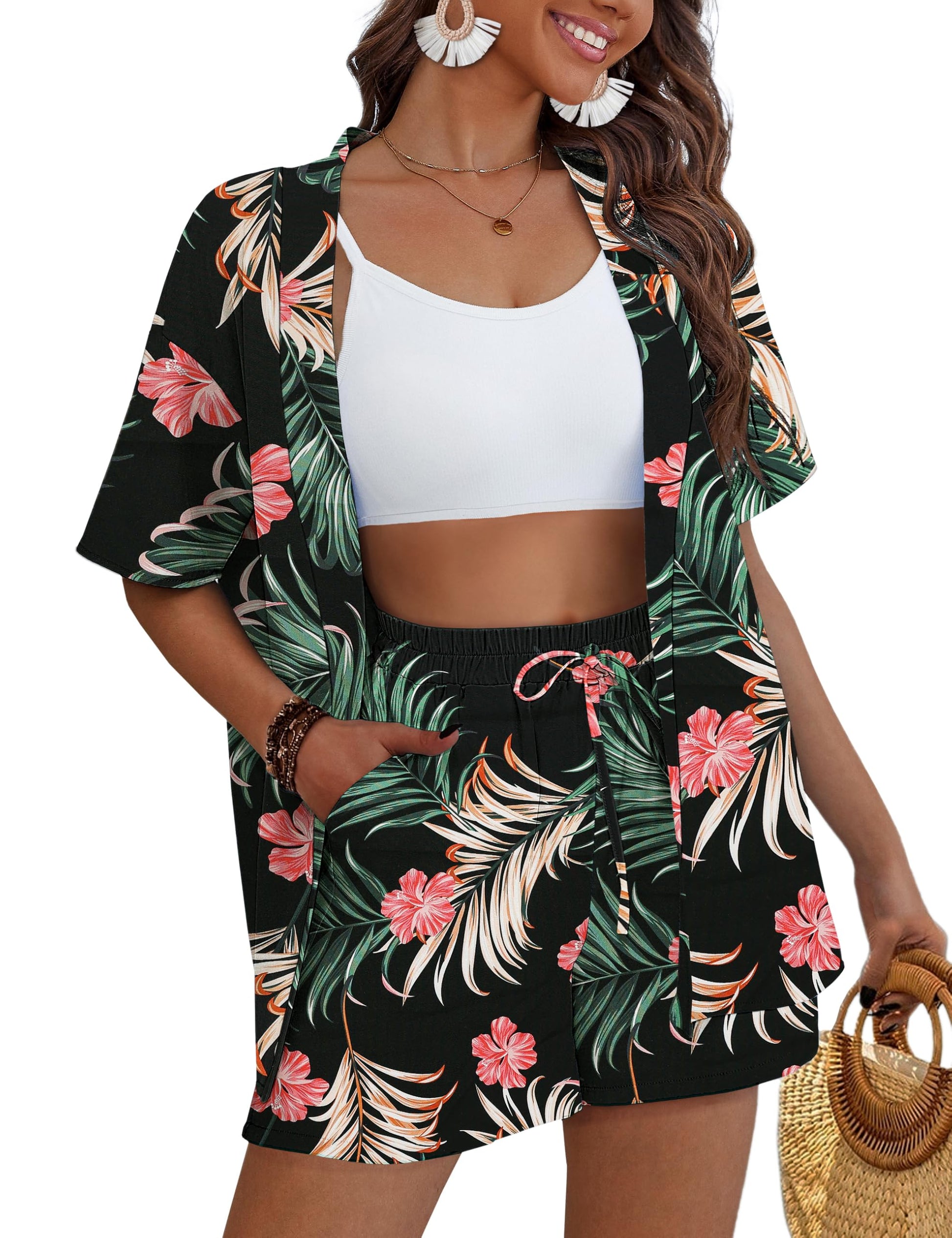 REDHOTYPE Women's 2 Piece Outfits Kimono Style Tropical Print Cover Ups Half Sleeve Blouse Shorts Set Summer Beachwear （S-XL）