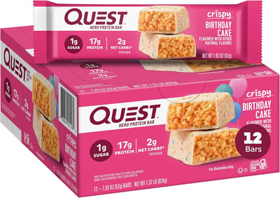 Quest Nutrition Crispy Birthday Cake Protein Bar, 17g Protein, 1g Sugar, 2g Net Carbs, Gluten Free Protein Snack, Keto Friendly, 12 Count