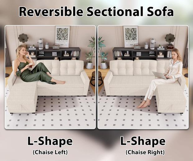 Reversible Sectional Sofa Couch, Sleeper Sofa Bed with Storage Chaise Pull Out Couch for Living Room | Hidden Stroge | Pull Out Bed | Removable Backrest | Linen Fabric, Beige