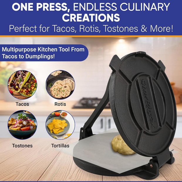 10 Inch Cast Iron Tortilla Press by StarBlue with FREE 100 Pieces Oil Paper and Digital Recipes e-book - Tool to make Indian style Chapati, Flour Tortilla, Roti
