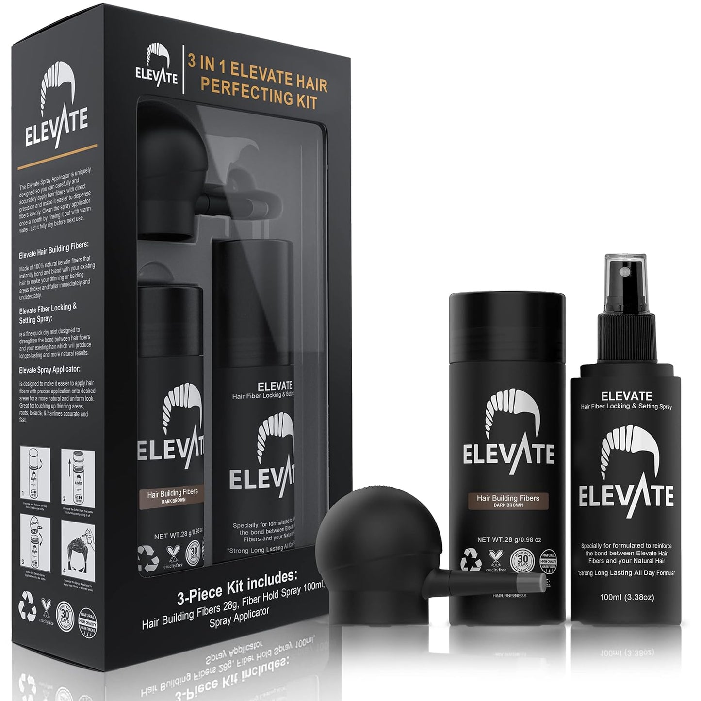 ELEVATE Hair Perfecting 3-in-1 Kit Set Includes Natural Thickening Fibers, Applicator Pump Nozzle & Locking Hold Spray | Instantly Conceal Balding Areas (Dark Brown)