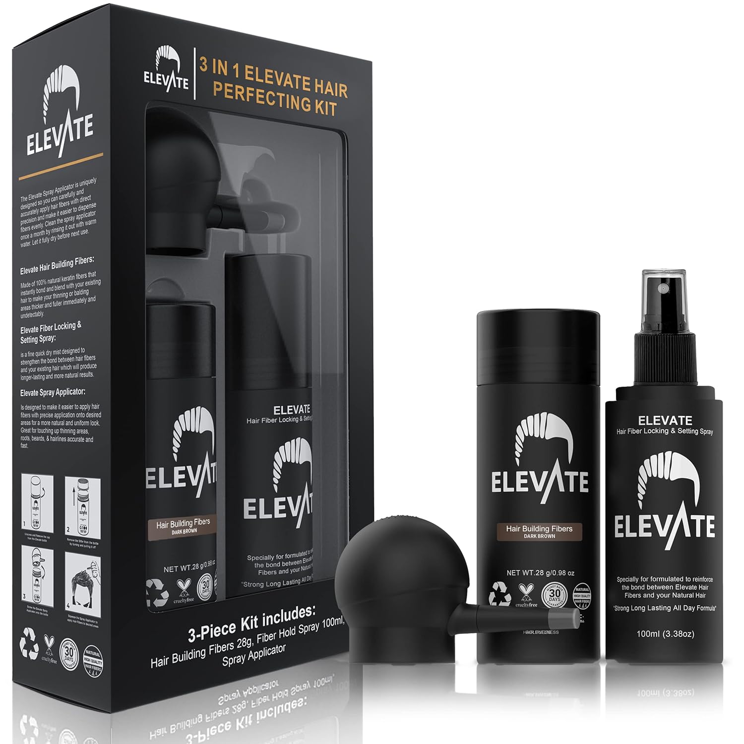 ELEVATE Hair Perfecting 3-in-1 Kit Set Includes Natural Thickening Fibers, Applicator Pump Nozzle & Locking Hold Spray | Instantly Conceal Balding Areas (Dark Brown)