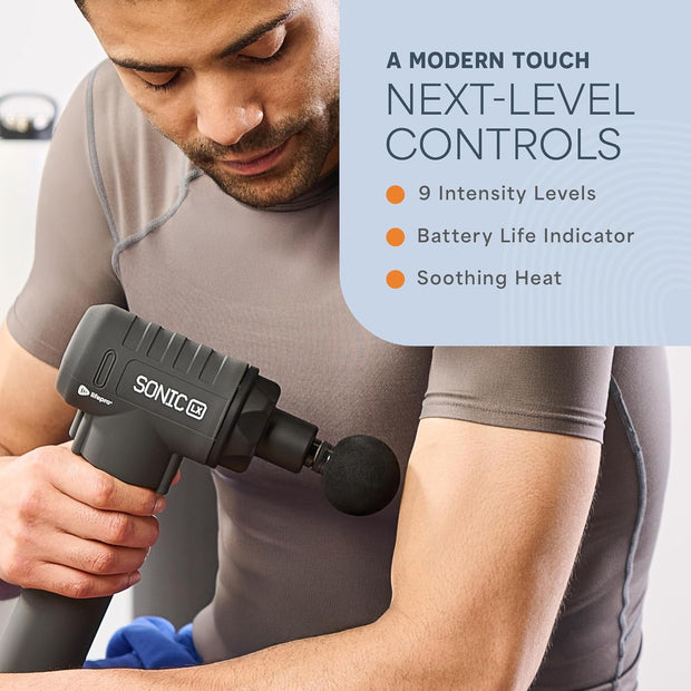 LifePro Sonic LX Athletic Heated Massage Gun – Deep Tissue Portable Massager for Muscle Recovery - 9 Speed & 10 Heads Massage Gun - Rechargeable Percussion Massager for Athletes & Sports Enthusiasts