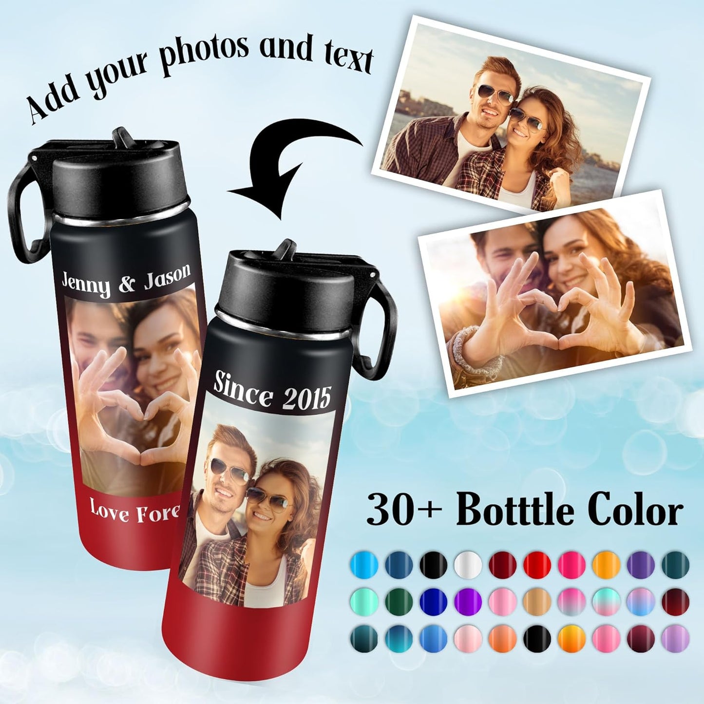 Custom Water Bottle with Photo, 18/32 oz Personalized Picture Stainless Steel Sports Water Bottle for Kids Men Women, Customize Double Wall Vacuum Insulated Bottle Birthday Gifts Water Bottle