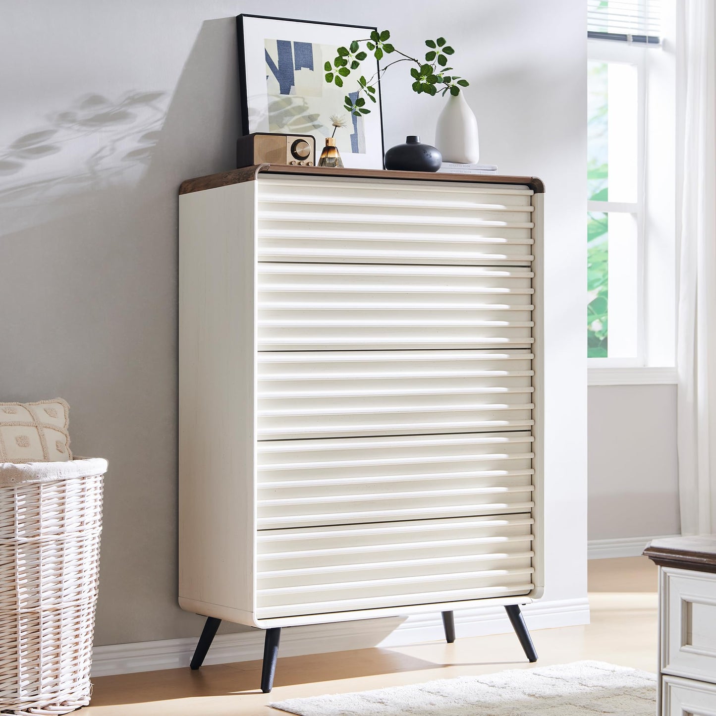 RedLemon 6 Drawers Dresser for Bedroom, 54'' Wide Mid Century Modern Wood Fluted Double Dresser, Chest of Drawers with Tapered Leg for Bedroom, Living Room, Hallway, Closet, Dark Walnut
