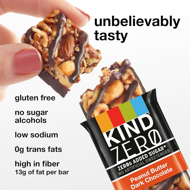 KIND ZERO Added Sugar Bars, Keto Snack, Peanut Butter Dark Chocolate, Good Source of Fiber, Gluten Free, Low Sugar, 5g Protein, 30 Count