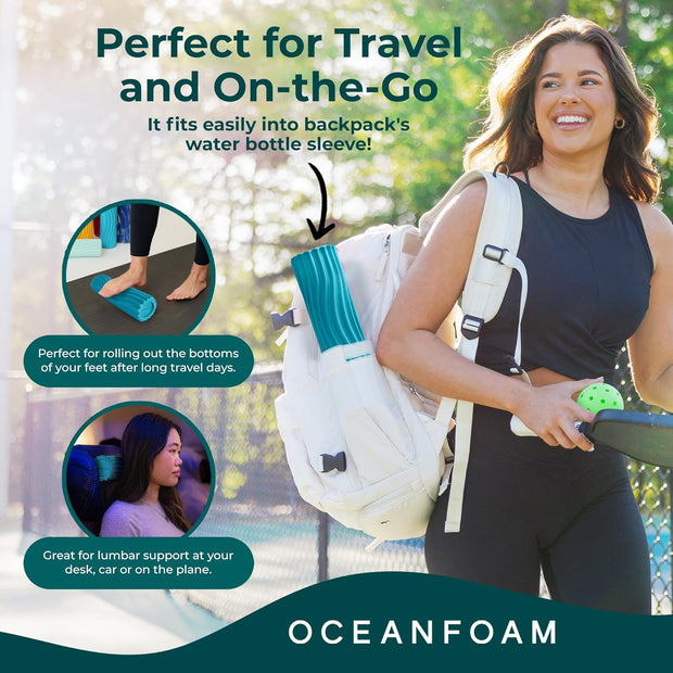 Oceanfoam Ripple Travel Foam Roller (11" x 3.35") Firm Mini Foam Roller for Physical Therapy, Deep Tissue Massage, Back Pain - High Density, Ergonomic Wave Textured - Yoga, Exercise (Black Marbled)