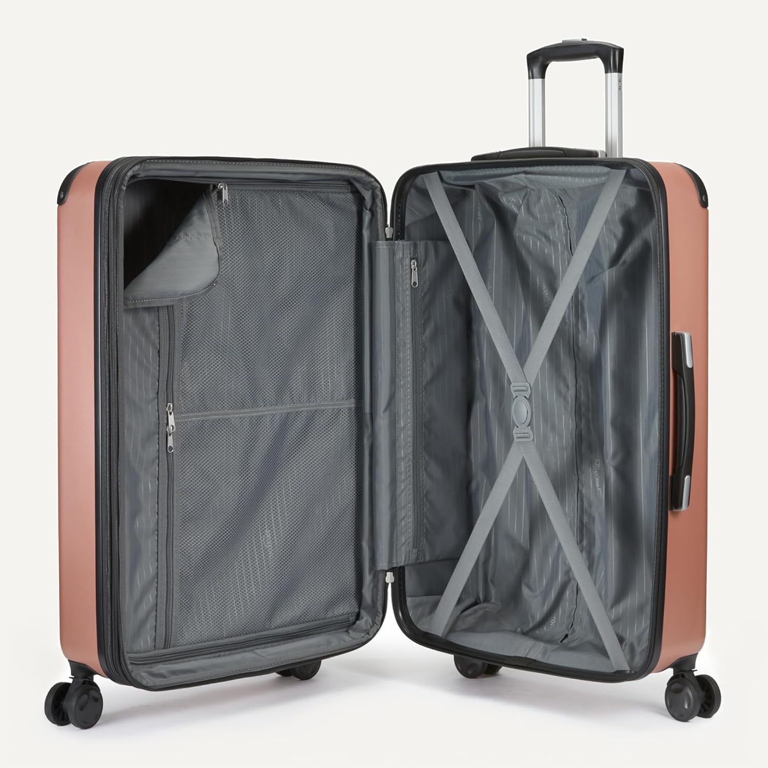 Amazon Basics 4-Piece Luggage Set, Including Two Hardside Suitcases With Multidirectional Spinner Wheels (22" CarryOn and 28" Checked), Plus 15-inch Tote Bag and 10-inch Compact Travel Bag, Rose Gold