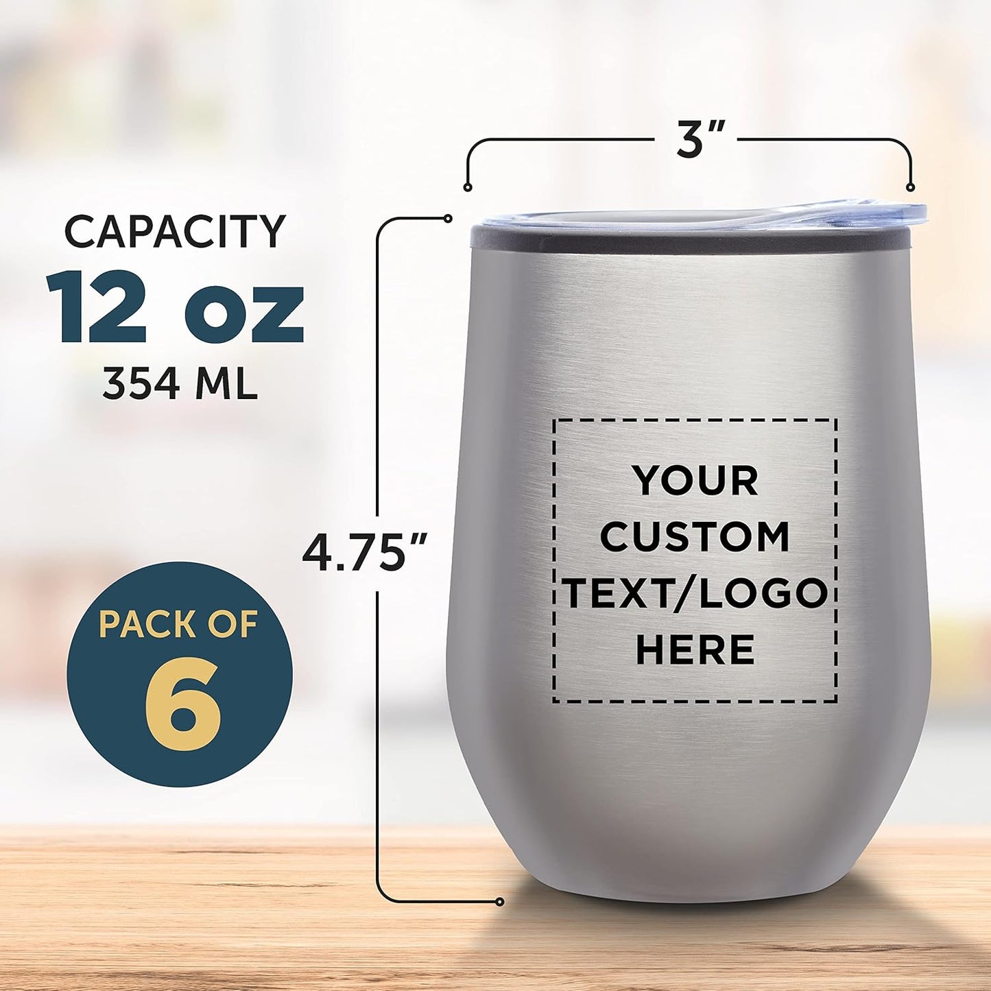 Custom Stemless Wine Tumblers 12 oz. Set of 6, Personalized Bulk Pack - Insulated, Perfect for Wine, Cocktails, Other Hot & Cold Beverages - Silver