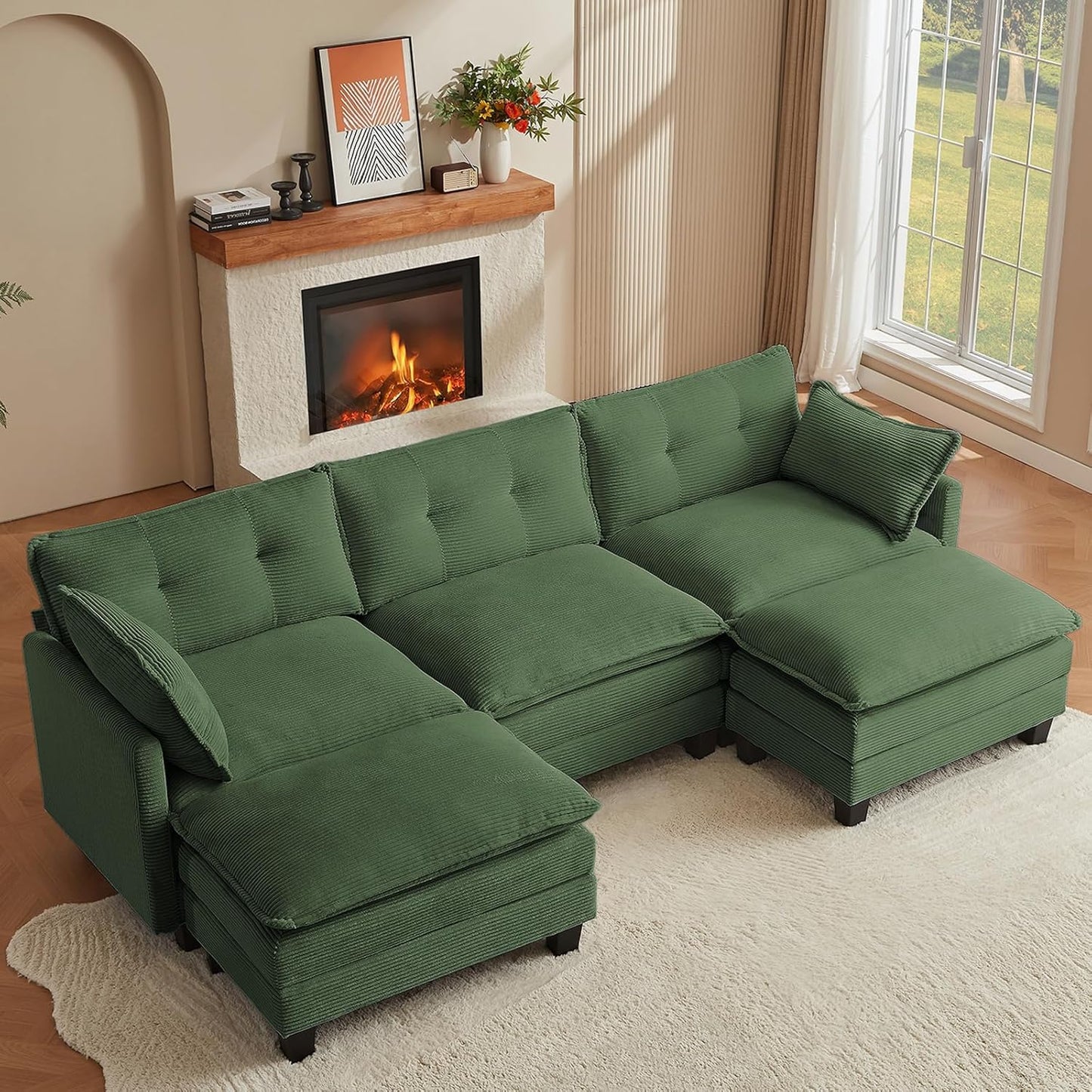 Modular Sectional Sofa, 111.5" U-Shaped Corduroy Comfy Sectional Couches for Living Room, 3-Seater Cloud Couches with 2 Movable Ottomans, Flexible Combination Modern Deep Seat Sofa (Beige)