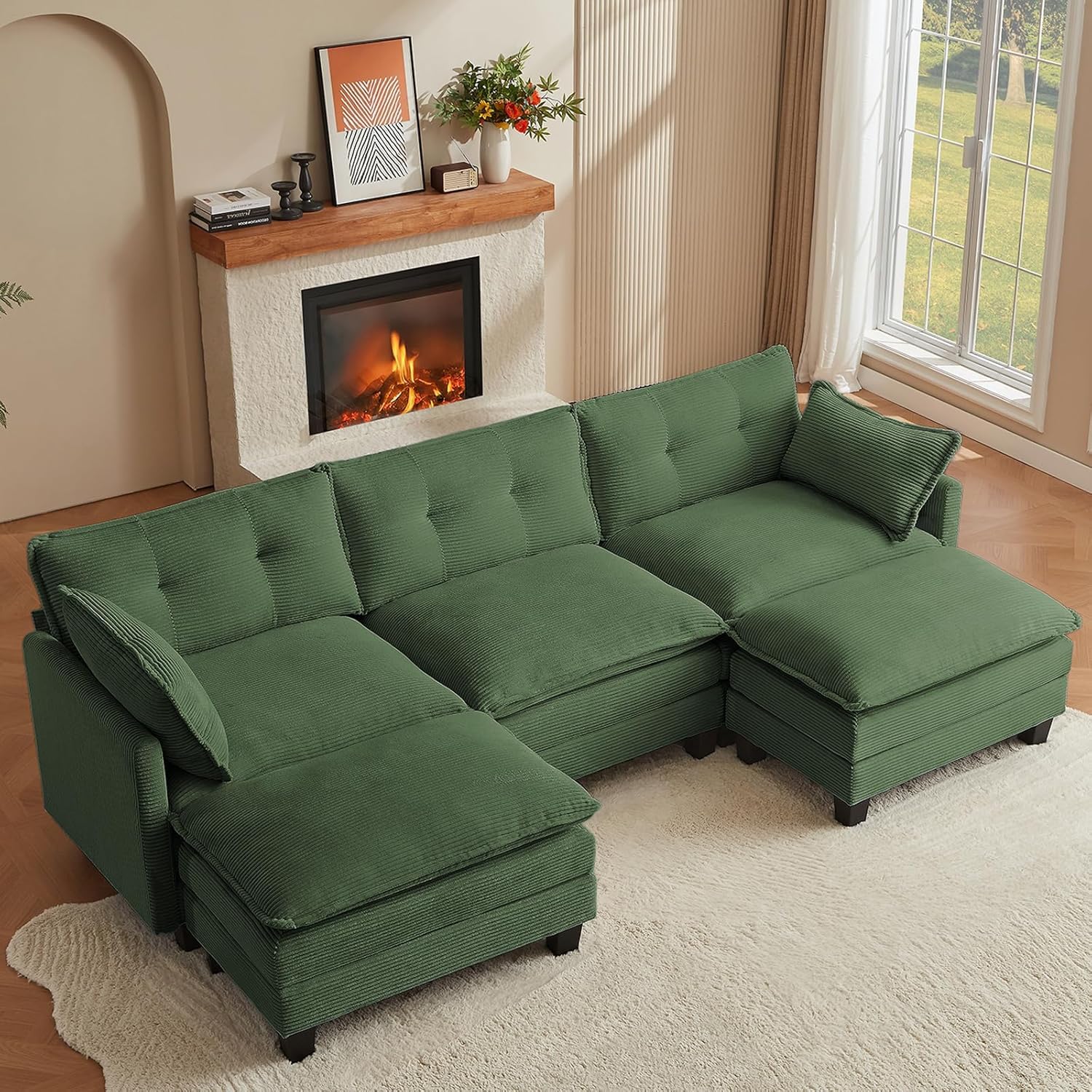 Modular Sectional Sofa, 111.5" U-Shaped Corduroy Comfy Sectional Couches for Living Room, 3-Seater Cloud Couches with 2 Movable Ottomans, Flexible Combination Modern Deep Seat Sofa (Beige)