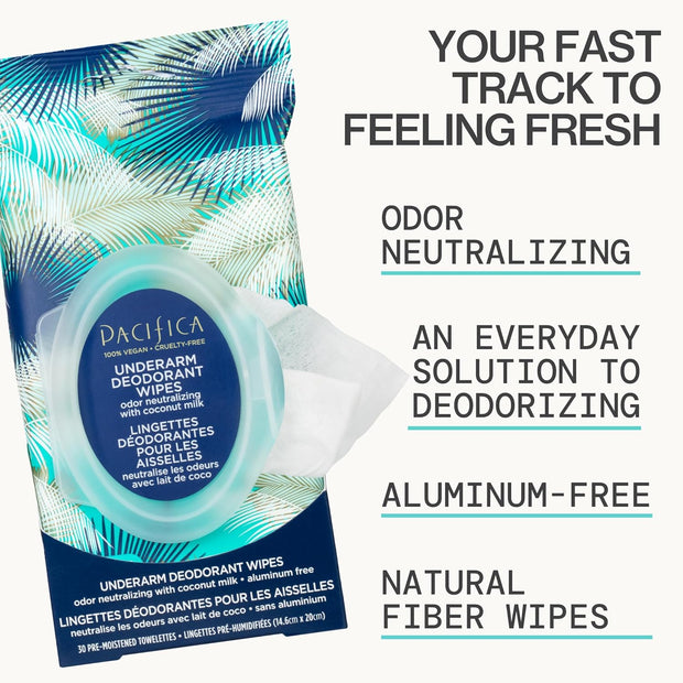 Pacifica Deodorant Wipes - Coconut Milk Underarm & Full Body Deodorant Wipes - Removes Sweat & Oil - Aluminum-Free - Natural Feminine Odor Control Clean Vegan & Cruelty-Free Dermatologist Tested