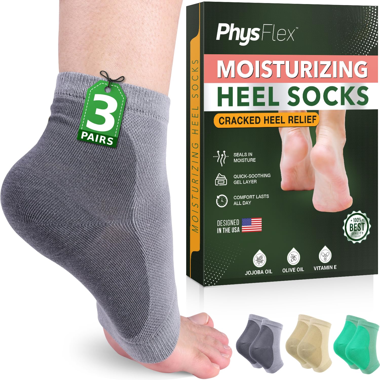 4-Pack Moisturizing Heel Socks for Cracked Heels - Gel Socks for Dry Cracked Feet Repair - Silicone Socks for Women and Men Foot Treatment & Overnight Hydration (Gray)