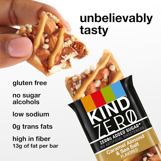 KIND ZERO Added Sugar Bars, Keto Snack, Caramel Almond and Sea Salt, Good Source of Fiber, Gluten Free, Low Sugar, 5g Protein, 30 Count