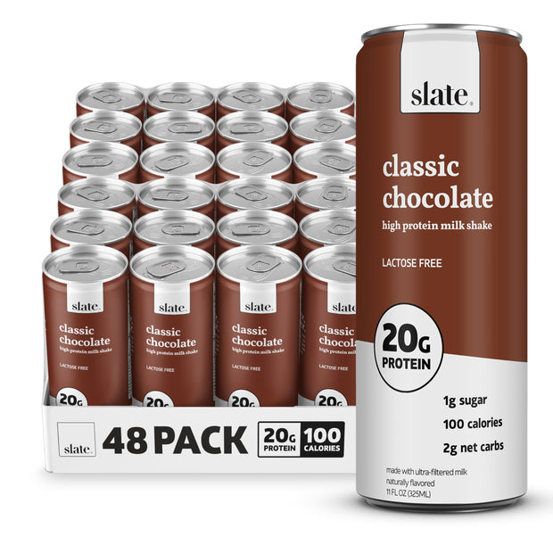 Slate Milk - High Protein Milk Shake - Core Variety Pack - Classic Chocolate, Dark Chocolate, French Vanilla - Lactose Free, 20g Protein, 1g Sugar, 100 Calories, 1-2g Net Carbs - 11 fl oz, 12 Cans