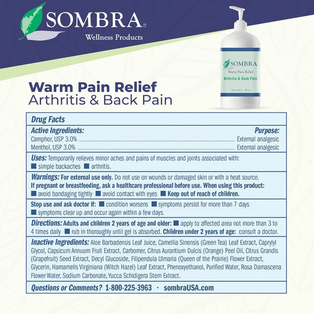 Sombra Warm Pain Relief Gel, Warm Relief for Arthritis and Chronic Pain Pre-Workout Muscle Rub Vegan Formula Free of Artificial Fragrances, Dyes, NSAIDs, Wax, Petroleum, Alcohol - 4oz Jar