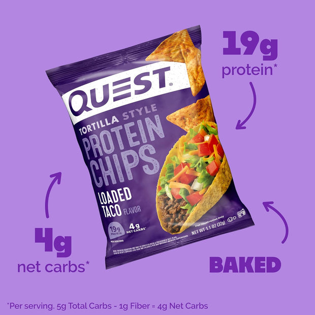 Quest Nutrition Loaded Taco Tortilla Style Protein Chips, 19g Protein, 4g Net Carb, Low Carb, Gluten Free, 1.1 oz (Pack of 4)