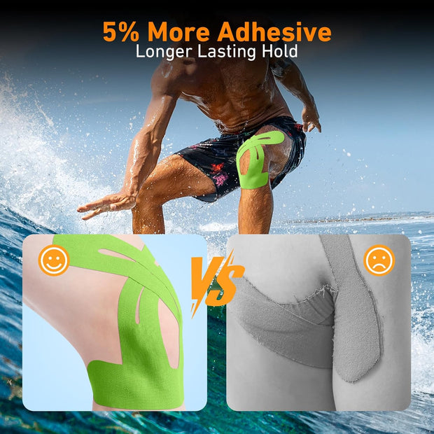 PreCut Kinesiology Tape for Knees, 12 PCS Waterproof KTQUICK Knee Tape for Knee Pain Relief Pre Cut, Original Cotton Athletic Knee Tape, Waterproof & Hypoallergenic Latex-Free for Sports (Black)