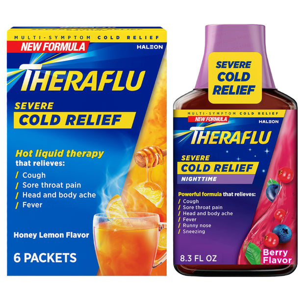 Theraflu Combo Nighttime Severe Cold Relief Syrup, Berry Flavor, 8.3 fl oz & Theraflu Daytime Severe Cold Relief Powder, Honey Lemon Flavor, 6 Ct