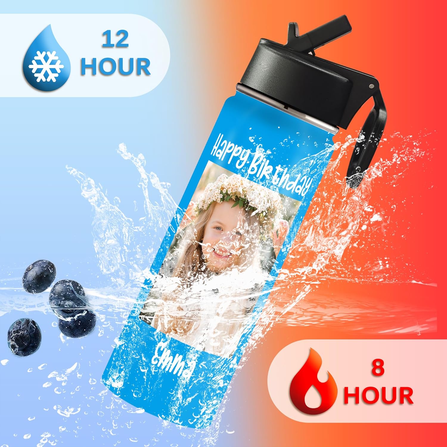 Custom Water Bottle with Photo, 18/32 oz Personalized Picture Stainless Steel Sports Water Bottle for Kids Men Women, Customize Double Wall Vacuum Insulated Bottle Birthday Gifts Water Bottle