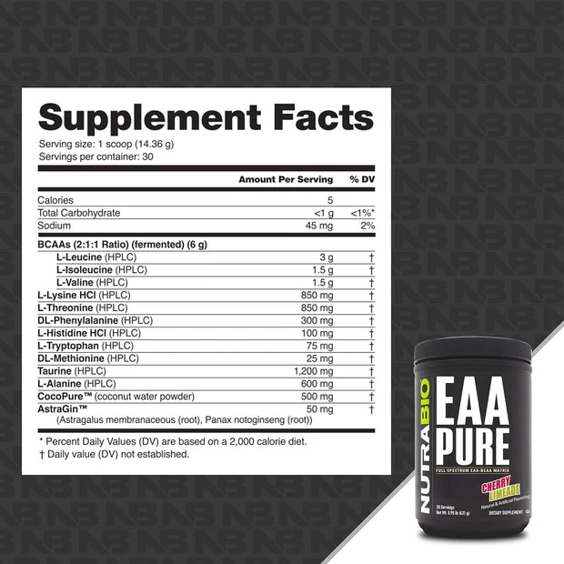 NutraBio – EAA Pure – 9 Amino Acids – Muscle Repair and Recovery, 30 Servings, Cherry Limeade – Pre or Post Workout – All Day Recovery