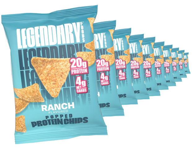 Legendary Foods Zesty Ranch Protein Chips – Popped Tortilla Style – 22g High Protein, 4g Net Carbs, Low Sugar, Gluten Free, Keto Snack Packs – 10 Count – Healthy Crunchy Chips
