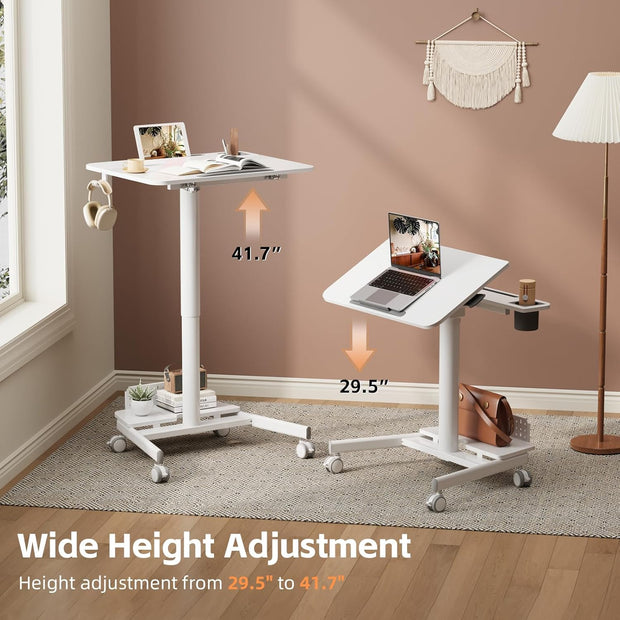 Mobile Standing Desk with Storage Base, 60° Tiltable Rolling Laptop Desk, Height Adjustable Portable Table with 4 Lockable Wheels for Home Office, White