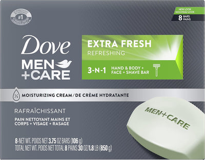 Dove Men+Care 3 in 1 Bar Cleanser for Body, Face, and Shaving to Clean and Hydrate Skin Extra Fresh Body and Facial Cleanser More Moisturizing Than Bar Soap 3.75 oz 8 Bars