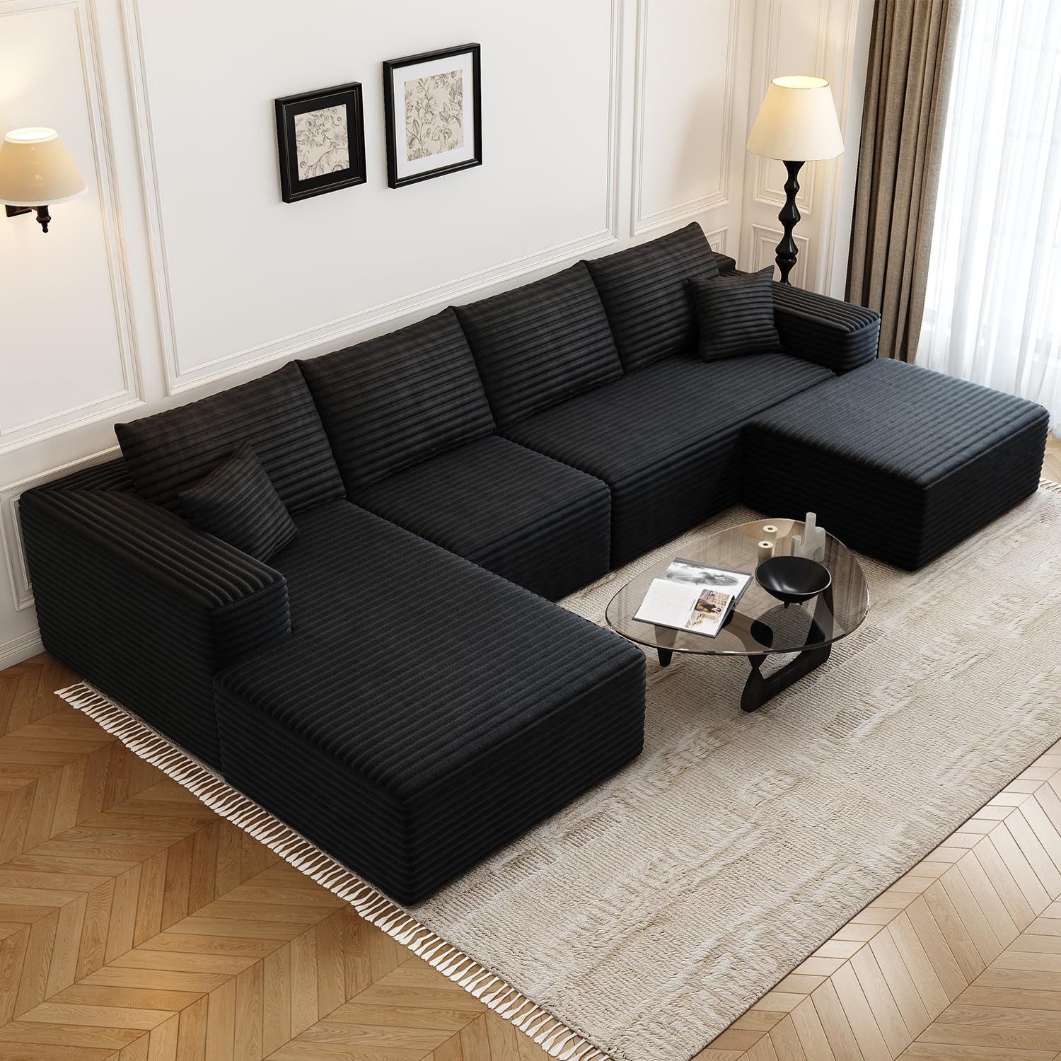 107.5" Cloud Modular Sectional Sofa with 1 Ottoman,Modern Minimalist Upholstered Couches, Comfort U Shaped Sofa for Living Room,Deep Seat Corner Couch，No Assembly Required (Black,Left Facing Chaise)