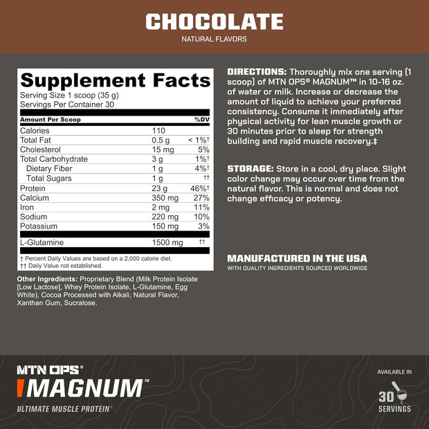 MTN OPS Magnum Chocolate Protein Powder, 23g of Whey Isolate Protein & Milk Protein with BCAAs, Zero Sugar & Gluten Free 30-Serving Tub