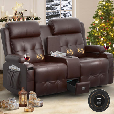 Reclining Loveseat, Massage Loveseat Recliner Sofa Heavy Weight Capacity, RV Love Seat Chair Clearance with Console, USB, Type C Port, Storage, Cup Holders, Wall Hugger Couch for Living Room