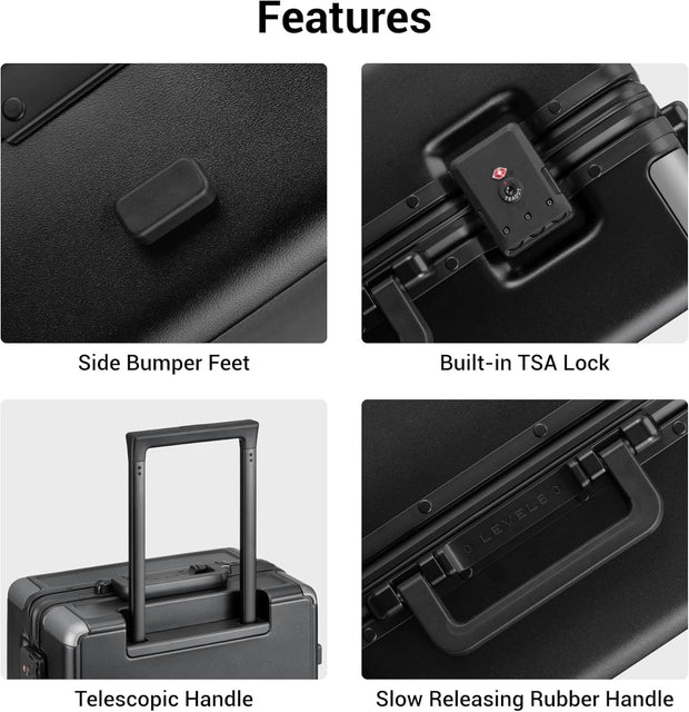 LEVEL8 Zipperless Checked Luggage with Aluminum Frame, Upgraded Medium Hardside Suitcase with Spinner Wheels, Metal Travel Luggage with Double Tsa Locks, 24 Inch, Black