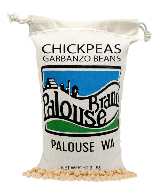 Palouse Brand Certified Glyphosate Residue Free Chickpeas | 3 LBS | Family Farmed in Washington State | Desiccant Free | Non-GMO Project Verified | Kosher Parve | Cotton Drawstring Bag