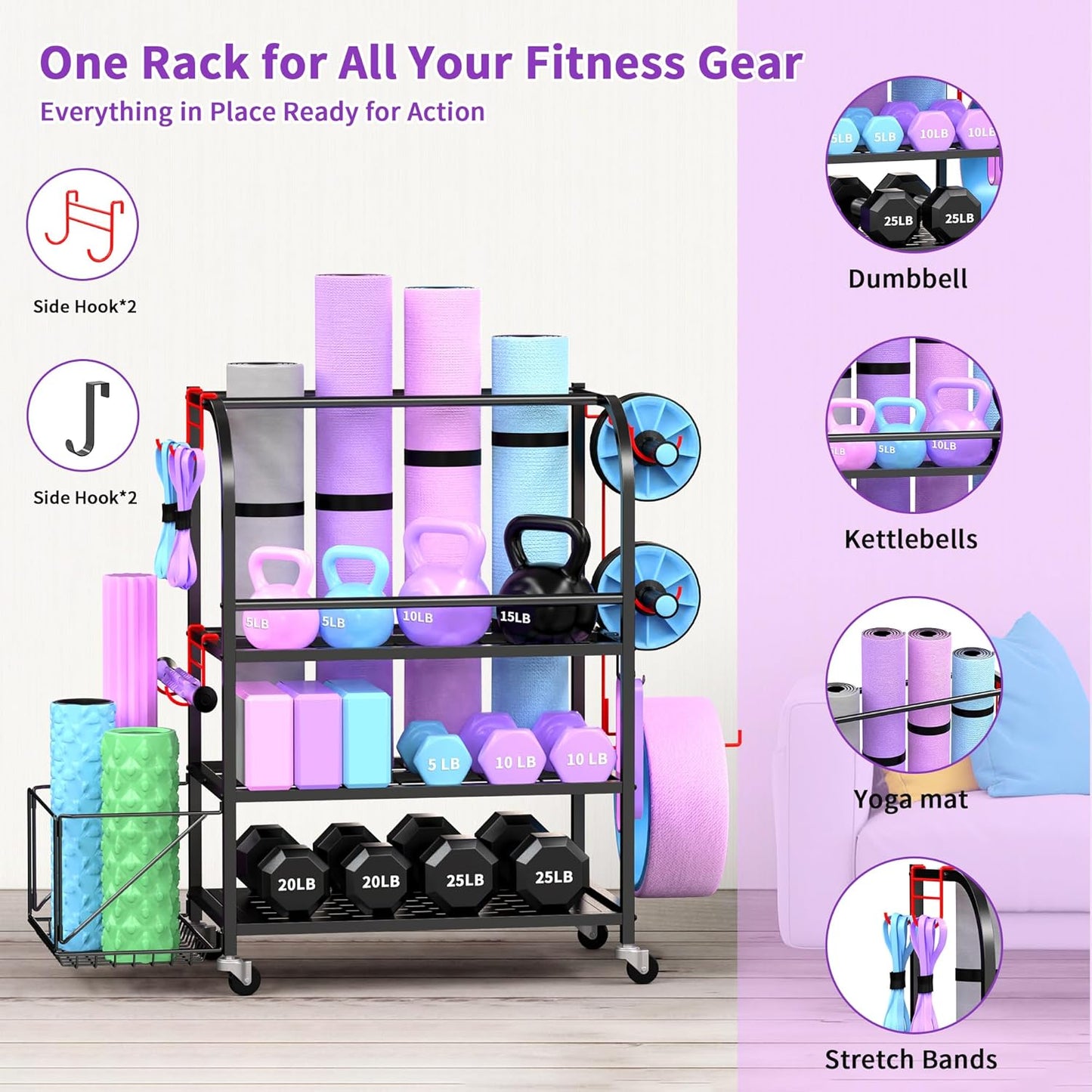 Dumbbell Rack, Weight Rack for Home Gym, 400LBS Metal Home Gym Storage with Lockable Wheels & 4 Adjustable Hooks, Weight Stand for Yoga Mat Storage, Dumbbells, Kettlebell, Foam Roller