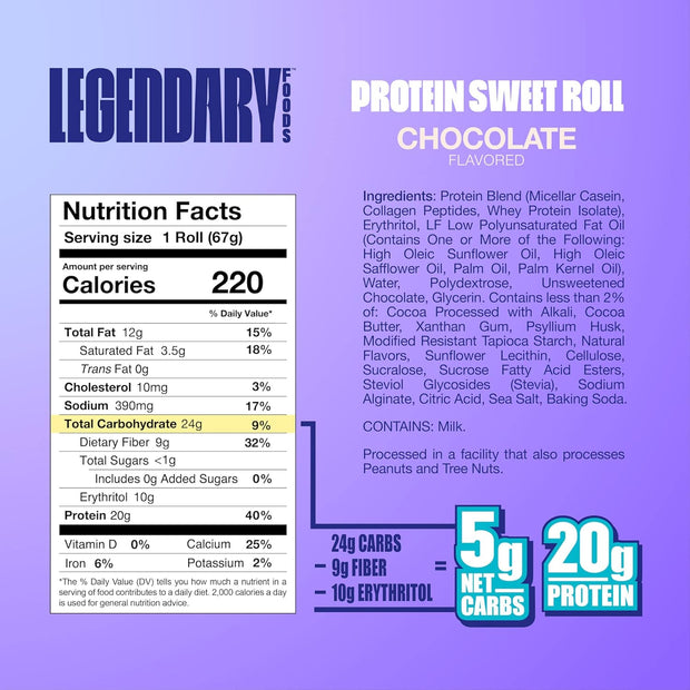 Legendary Foods 20g Protein Chocolate Sweet Roll - Premium High Protien Bars, Low Carb Meal Replacement Snack, Low Glycemic Index, Gluten Free Snacks - Zero Sugar, Keto and Diabetic Friendly 8-Pack