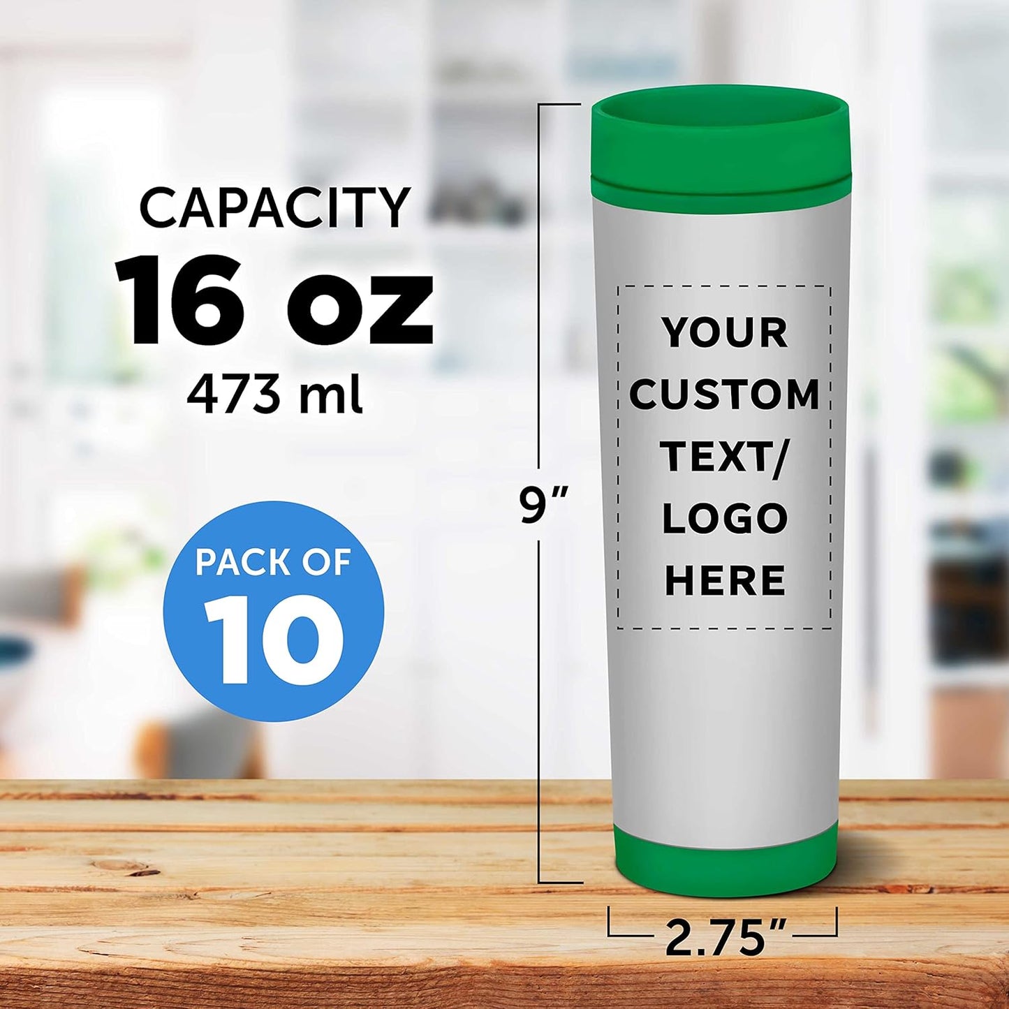 Custom Slim Color Top Stainless Steel Travel Mug 16 oz. Set of 10, Personalized Bulk Pack - Perfect for Coffee, Soda, Other Hot & Cold Beverages - Green
