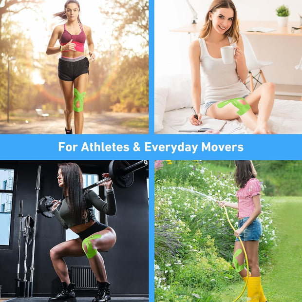 PreCut Kinesiology Tape for Knees, 12 PCS Waterproof KTQUICK Knee Tape for Knee Pain Relief Pre Cut, Original Cotton Athletic Knee Tape, Waterproof & Hypoallergenic Latex-Free for Sports (Black)