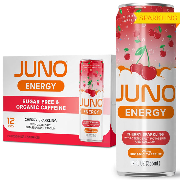 JUNO ENERGY Organic Cherry Sparkling Drink - Sugar Free Electrolytes, Energizing and Hydrating with 125mg Organic Caffeine from Green Coffee Beans, Organic Monk Fruit, Organic Sour and Black Cherry Juice & Electrolytes - Vegan, Gluten Free, 12 Pack