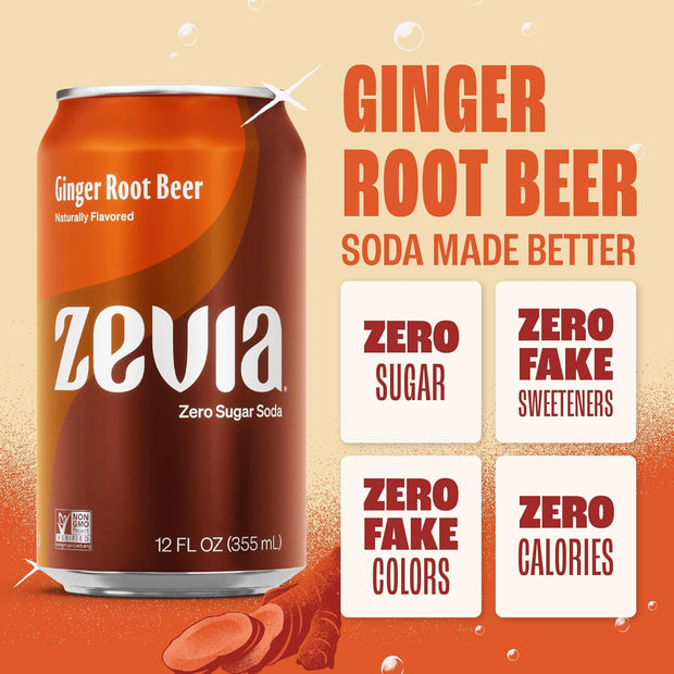 Zevia Zero Sugar Soda, Ginger Root Beer, 12 oz Cans (24-Pack) – Naturally Sweetened, Zero Calorie Sugar Free Soda - Non-GMO Project Verified, Gluten-Free, Vegan