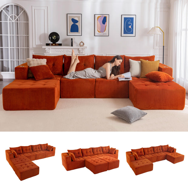 MAXYOYO Modular Sectional Sofa Couch, L Shaped Modern Cloud Couch with 1 Ottoman, Sofa in A Box, Tufted 4-Seat Boneless Sleeper Chair for Living Room, No Assembly Required, Orange