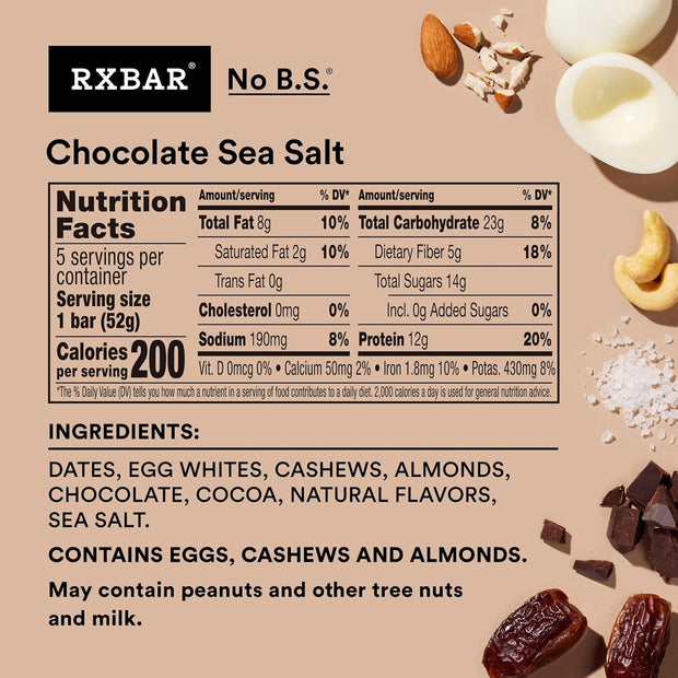 RXBAR Protein Bars, Protein Snack, Snack Bars, Chocolate Sea Salt, 9.1oz (5 Count)