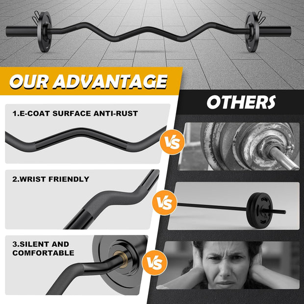 Olympic EZ Curl Barbell Bar 47",Mute Bearings - 2" Curl Bar for Weight Lifting, Hip Thrusts,Biceps,Squat-Home Gym Weight Bar-Chrome Curling Strength Training, 2Pcs Collars(800lbs Weight Capacity)