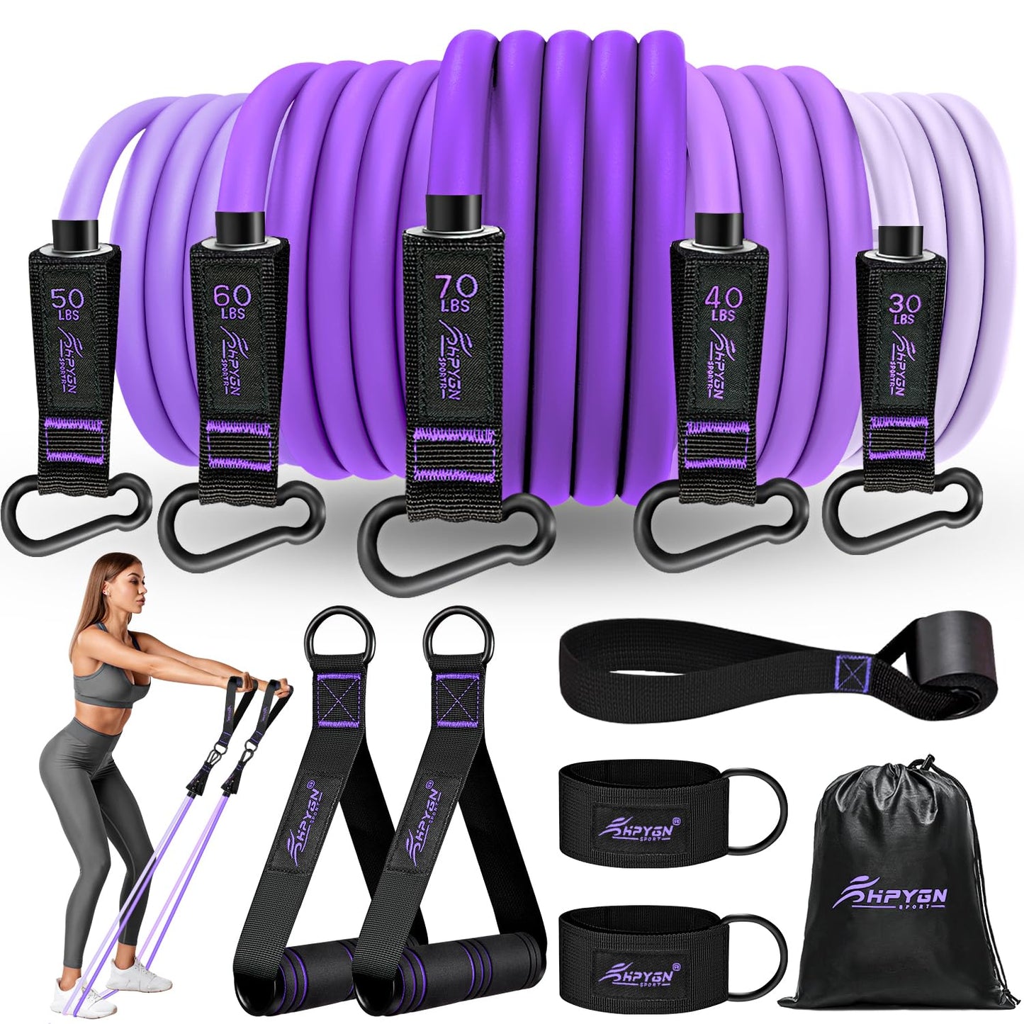 HPYGN Resistance Bands, Exercise Bands with Handles, Fitness Bands, Workout Bands with Door Anchor and Ankle Straps, for Heavy Resistance Training, Physical Therapy, Shape Body, Yoga, Home Workout Set