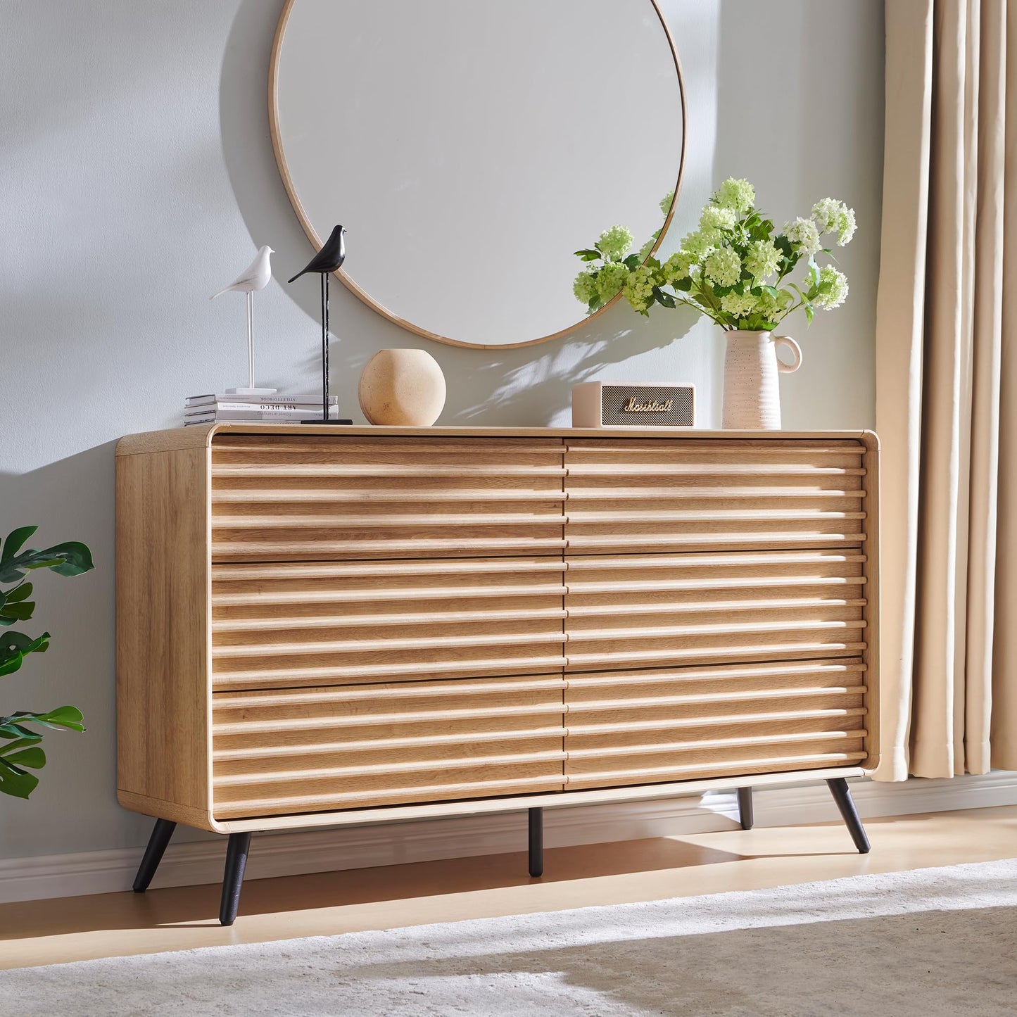 RedLemon 6 Drawers Dresser for Bedroom, 54'' Wide Mid Century Modern Wood Fluted Double Dresser, Chest of Drawers with Tapered Leg for Bedroom, Living Room, Hallway, Closet, Dark Walnut