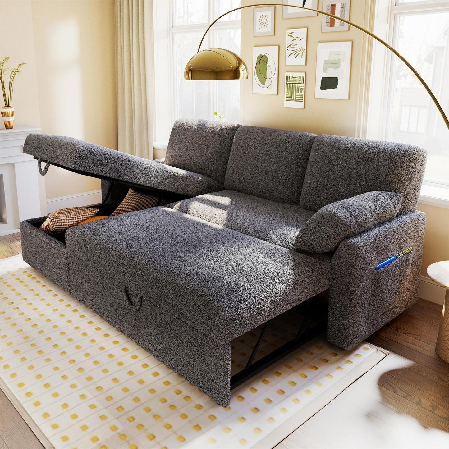 VanAcc Sleeper Sofa, Sofa Bed- 2 in 1 Pull Out Couch Bed with Storage Chaise, Sleeper Couch for Living Room, Grey Linen