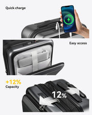 LUGGEX Carry on Luggage 22x14x9 Airline Approved, PC Hard Shell Suitcase with Front Pocket, Expandable Luggage with USB Port (Blue, 20 Inch, 37L)