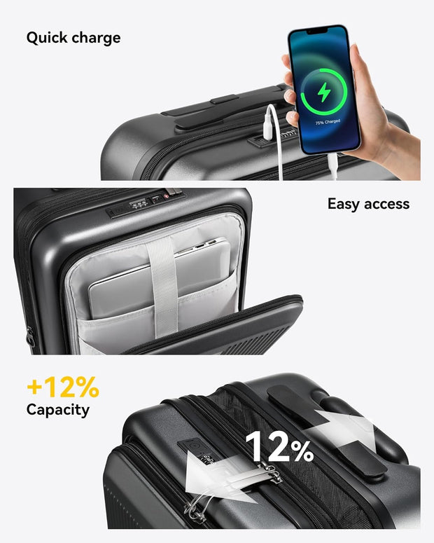 LUGGEX Carry on Luggage 22x14x9 Airline Approved, PC Hard Shell Suitcase with Front Pocket, Expandable Luggage with USB Port (Blue, 20 Inch, 37L)