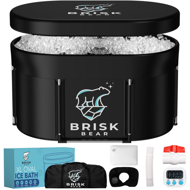 XL Oval Ice Bath Tub for Athletes with Cover by Brisk Bear - Extra Large Cold Plunge Tub for Recovery - Ice Bath Plunge Pool with Digital Timer - Cold Plunge to Soothe Muscles - Black Ice Tub
